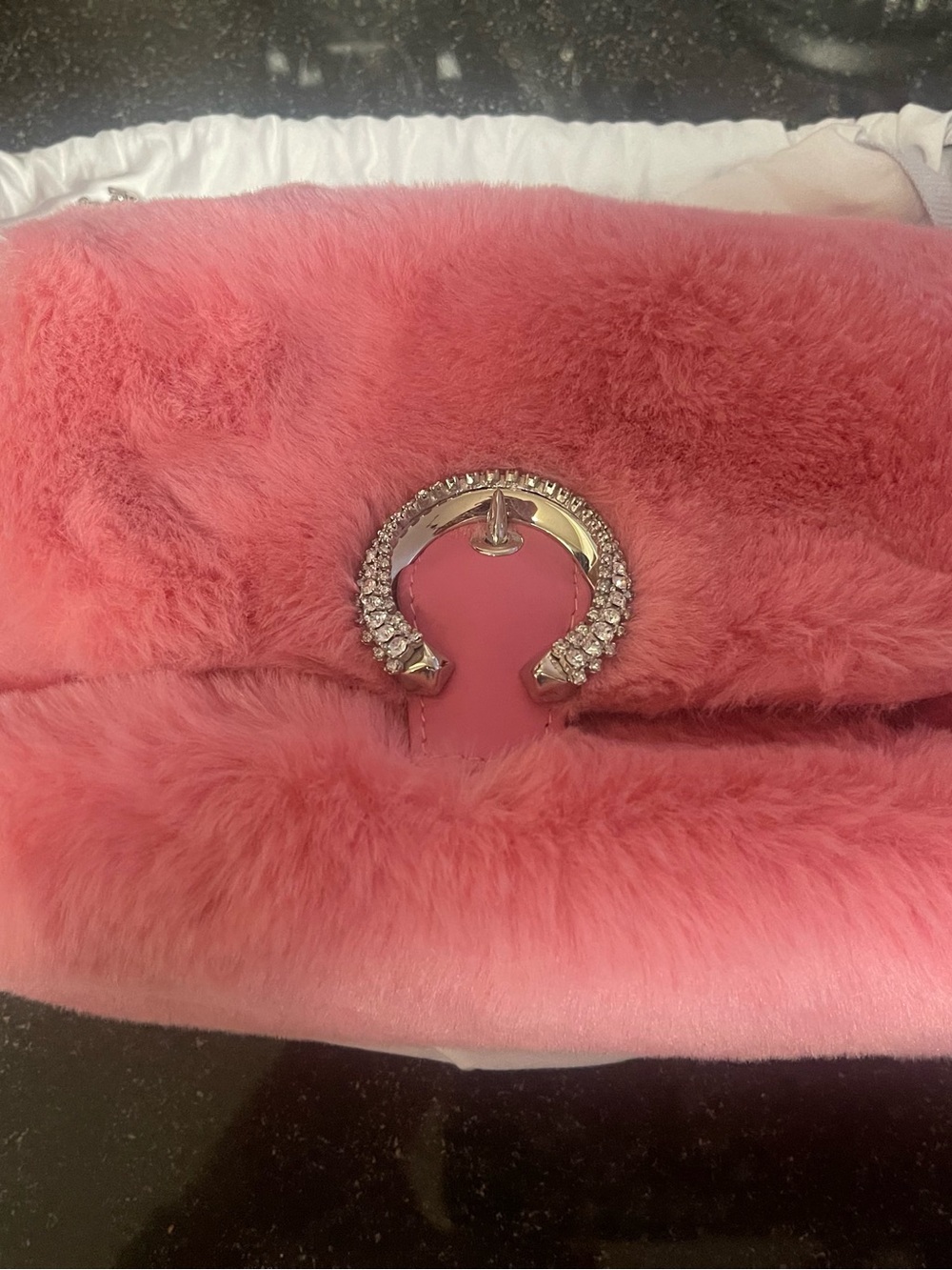 Jimmy Choo Pink Faux Fur Crossbody Bag with Crystal Horseshoe Accent